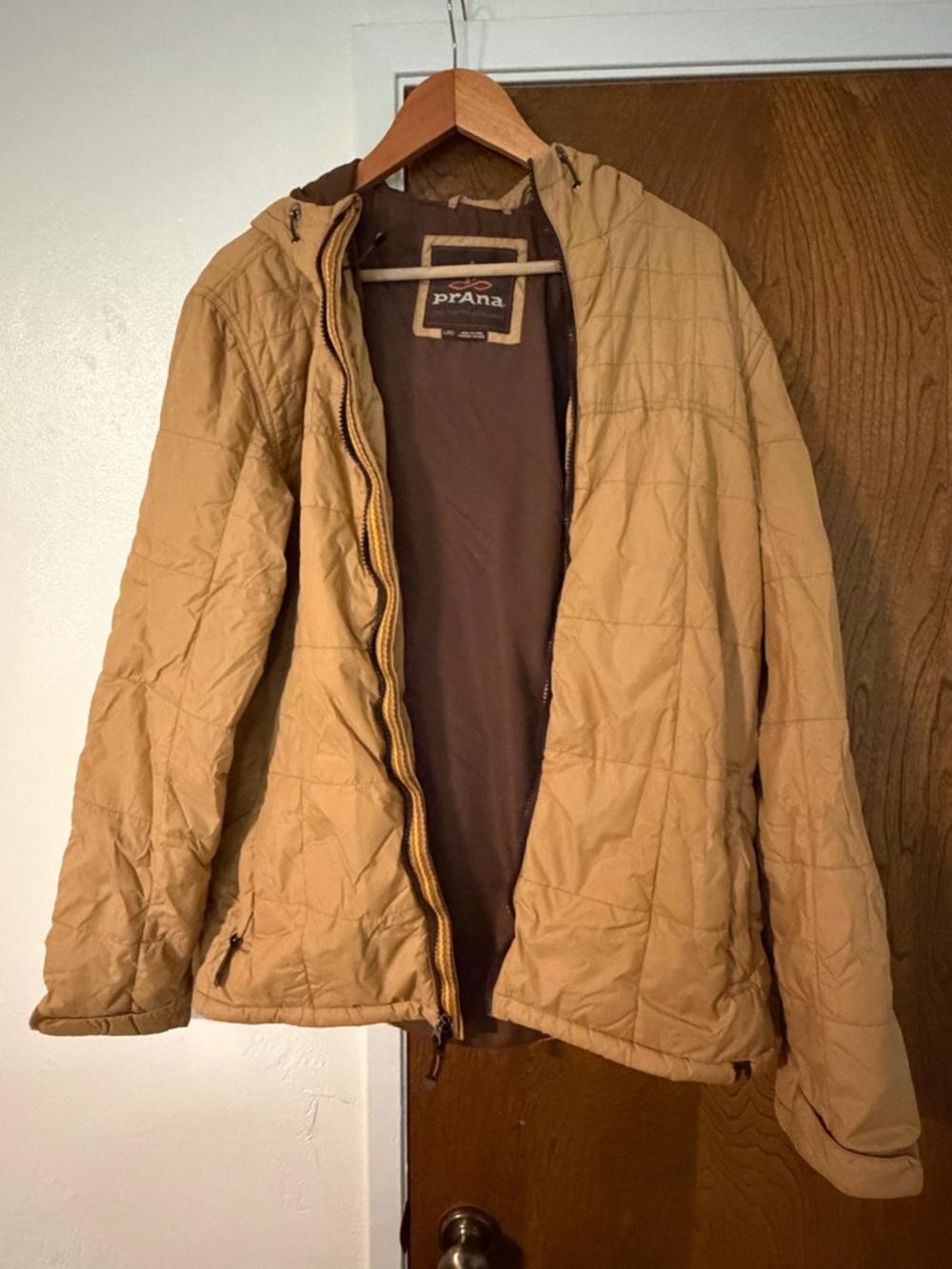 Prana Men’s Quilted Hooded Puffer Jacket in Tan